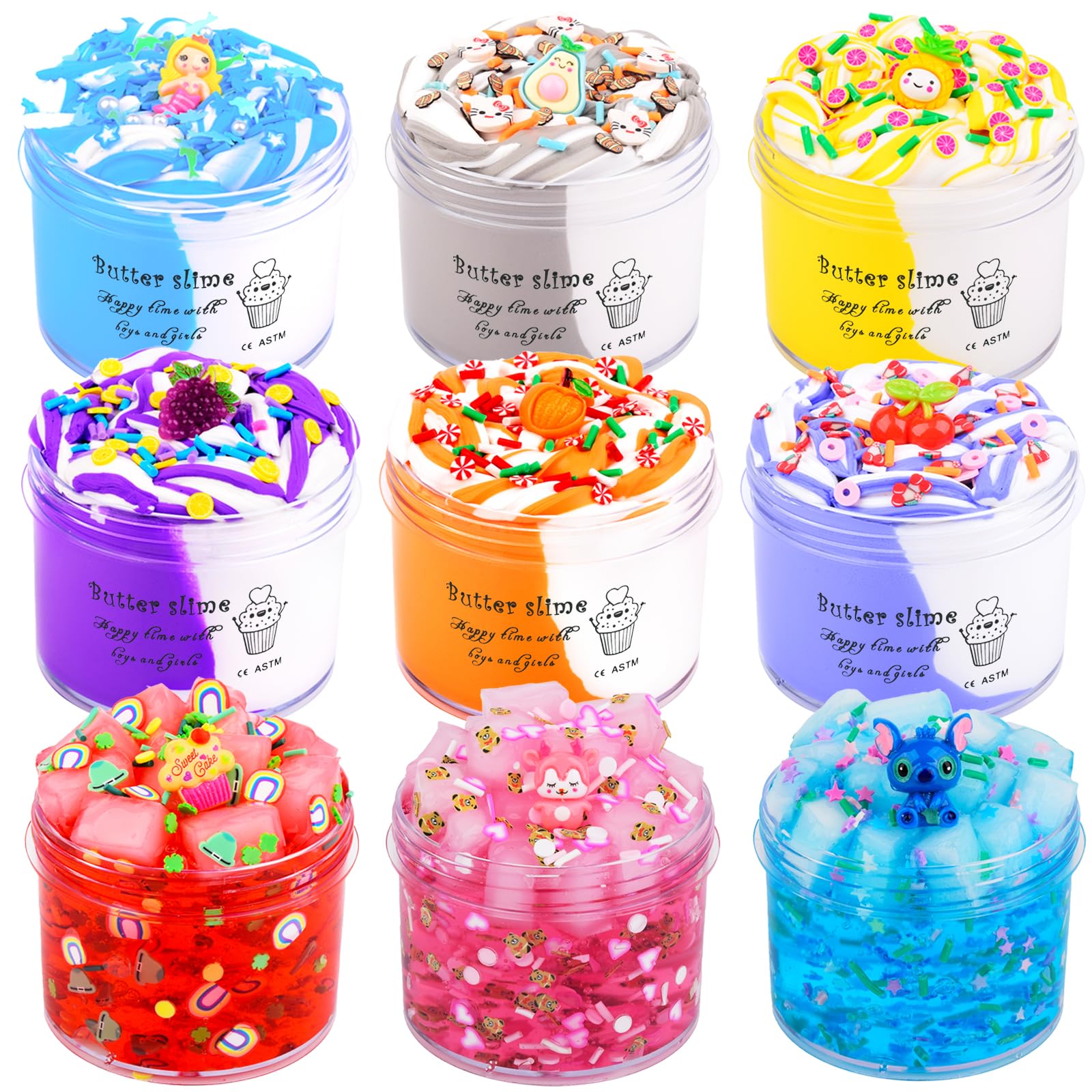Aeyiakov 9 Pack Slime Kit, Soft & Non-Sticky Butter & Jelly Cube Crunchy Slime, Red, Blue, Pink, Unscented, Ages 3+, Gir