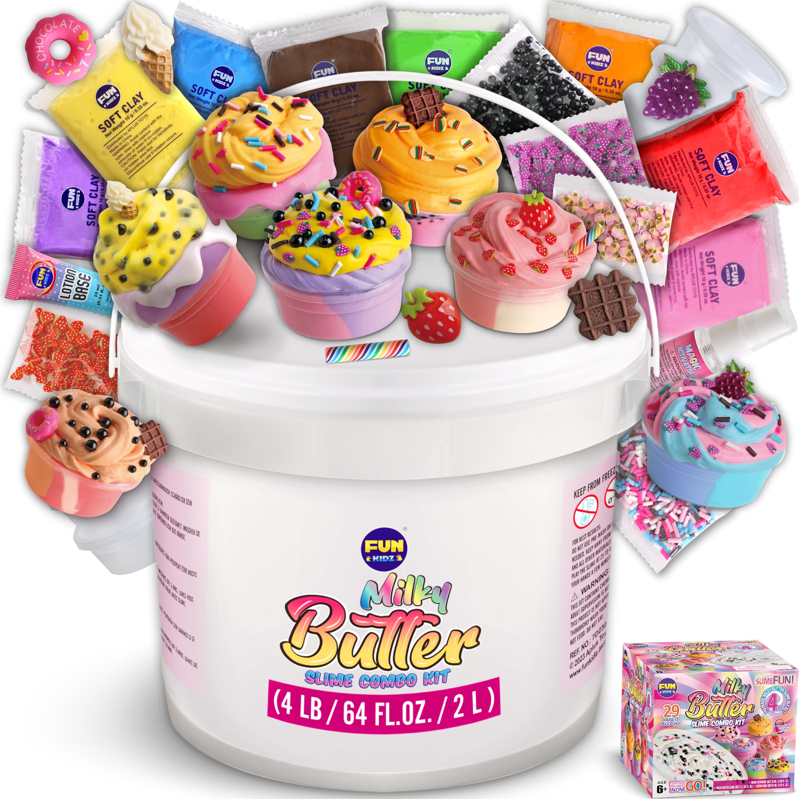 64 FL OZ FunKidz Milky Butter Slime Gift for Girls Age 6+, Huge Soft White Kit with 29 Add-Ins Perfect Birthday Toy